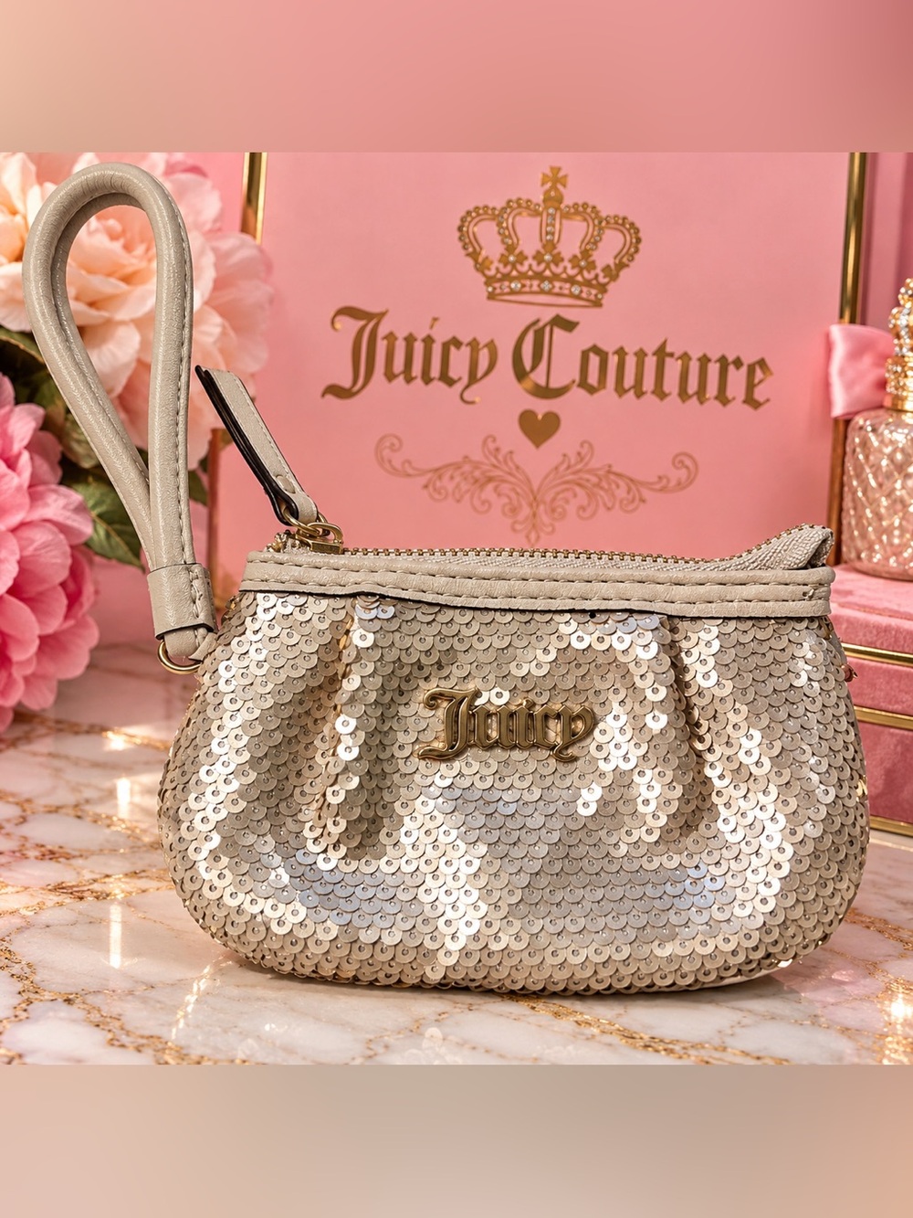 Juicy Couture Sequin Wristlet Pouch – Silver Gray / Gold Hardware